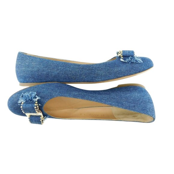 FERRAGAMO Vara Logo Studded Bow Denim Blue Jean Ballet Flats 9 - Picture 4 of 7